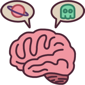 a brain with two speech bubbles above it. in the speech bubbles, there are a pink planet with a purple ring around it, and a green PAC man style ghost. These represent thoughts and beliefs that stem from psychosis, and aren’t generally accepted by most people.